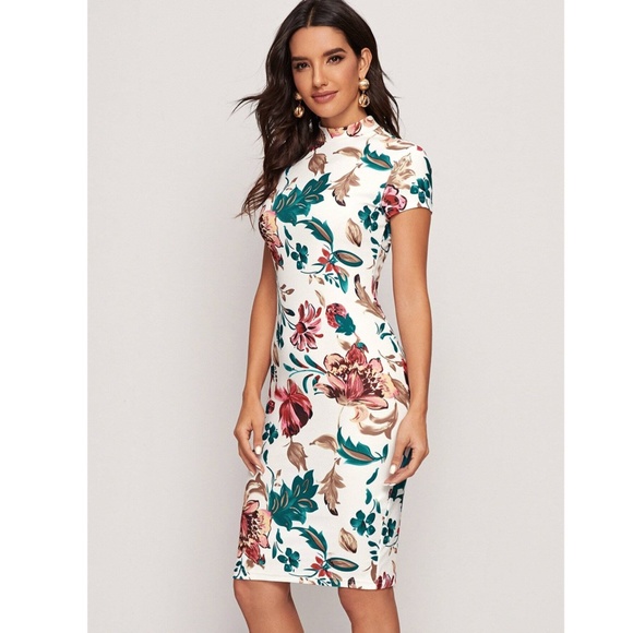 Floral Pattern White Slim Dress Knee Length - Picture 3 of 9